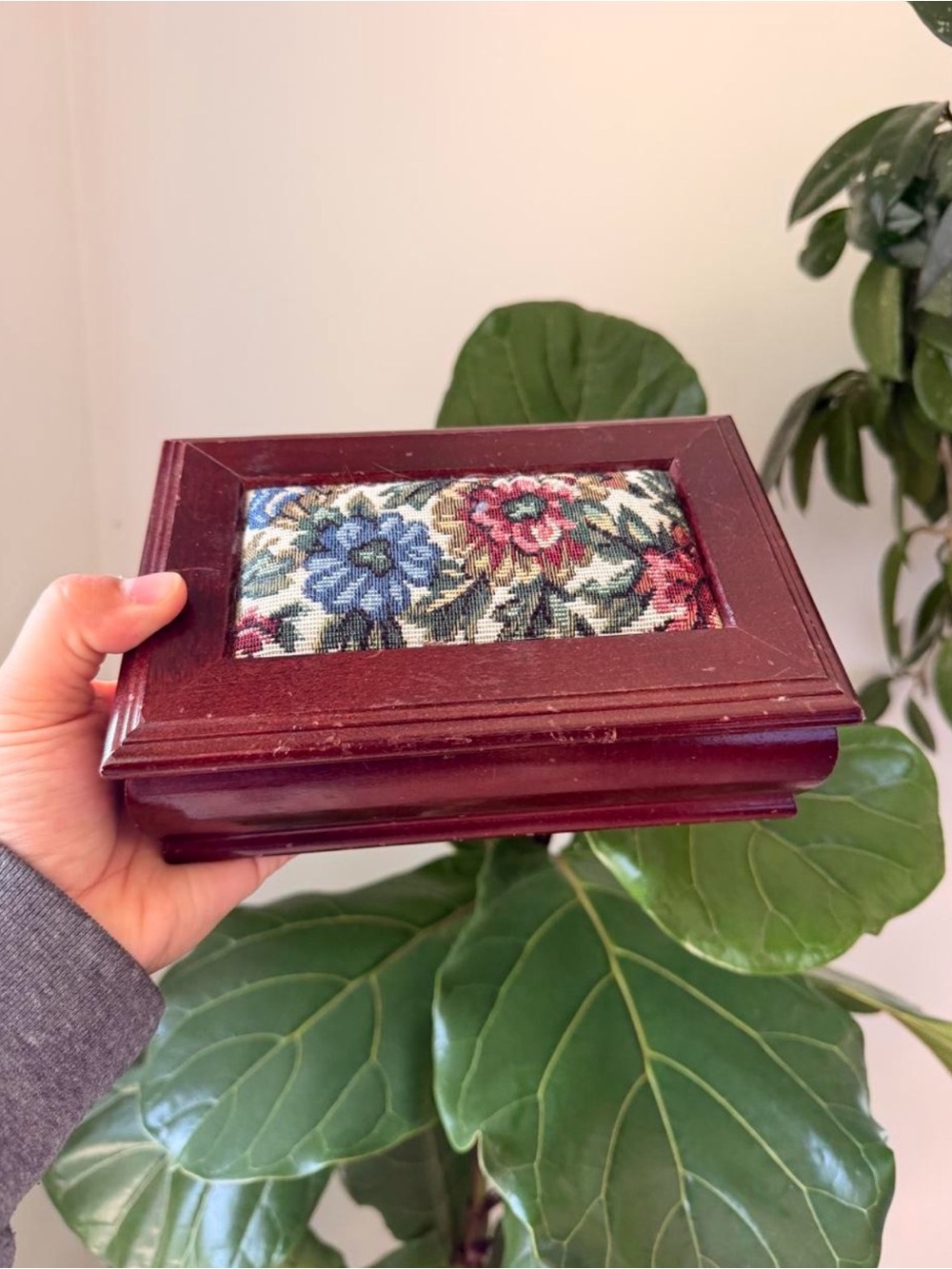 Wooden Jewelry Box with Floral Tapestry Inlay - Burgundy